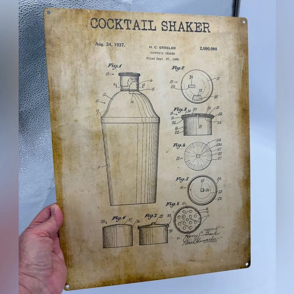 Vintage-Style Cocktail Shaker Patent Metal Sign